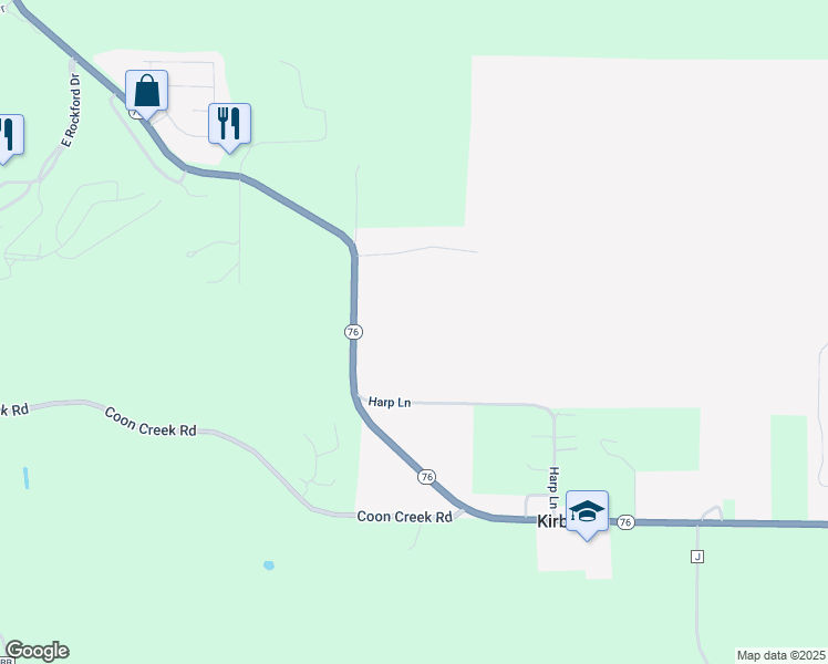 map of restaurants, bars, coffee shops, grocery stores, and more near 281 Harp Lane in Kirbyville