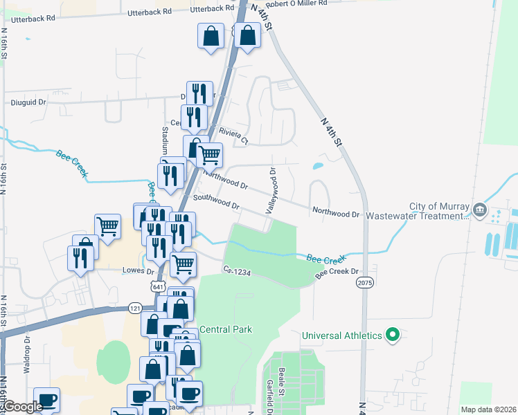 map of restaurants, bars, coffee shops, grocery stores, and more near 1003 Southwood Drive in Murray