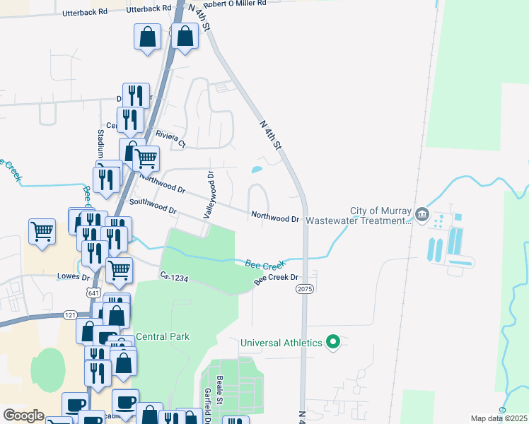 map of restaurants, bars, coffee shops, grocery stores, and more near 1401 Michelle Drive in Murray