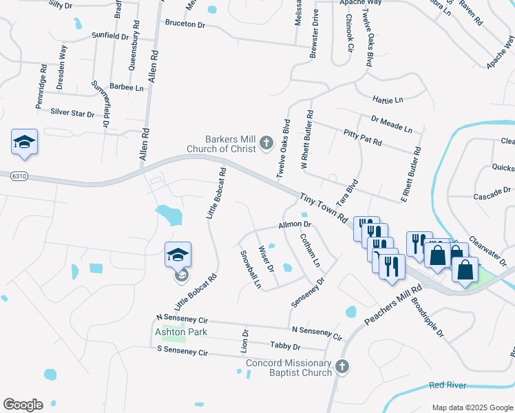 map of restaurants, bars, coffee shops, grocery stores, and more near 3328 Wiser Drive in Clarksville