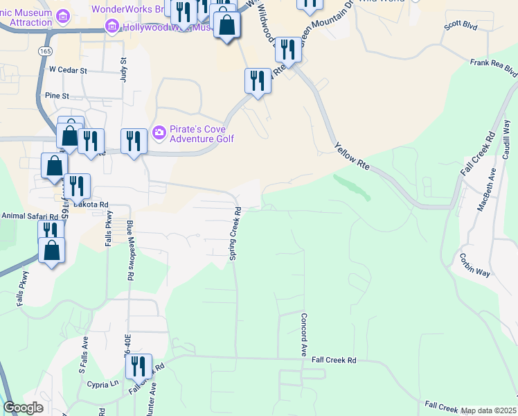 map of restaurants, bars, coffee shops, grocery stores, and more near 120 Spring Creek Road in Branson