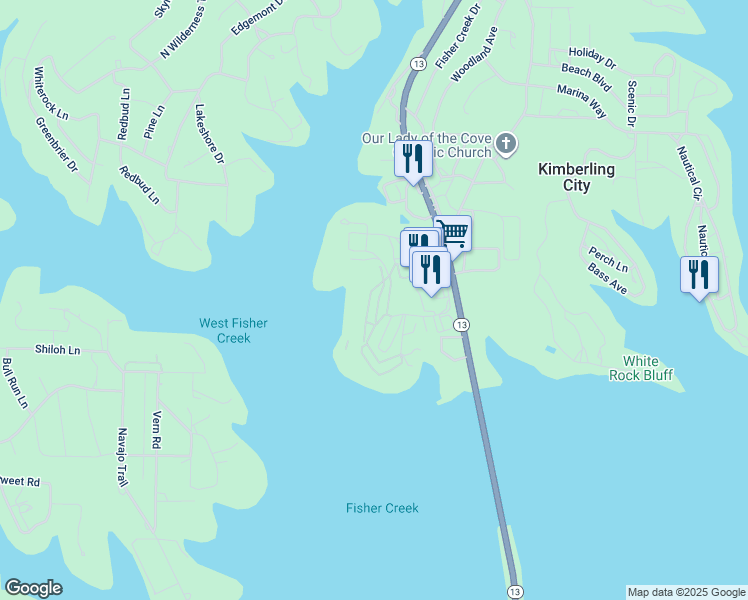 map of restaurants, bars, coffee shops, grocery stores, and more near 281 Anchors Point Lane in Kimberling City