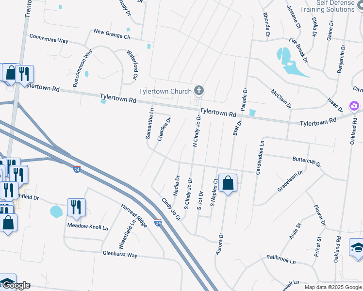 map of restaurants, bars, coffee shops, grocery stores, and more near 3774 Nadia Court in Clarksville