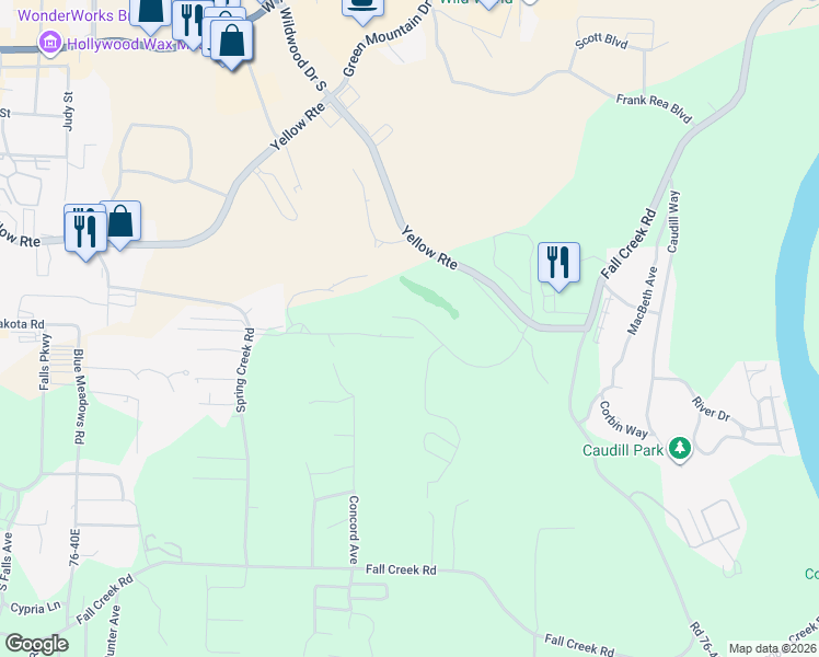 map of restaurants, bars, coffee shops, grocery stores, and more near 201 Golf View Drive in Branson