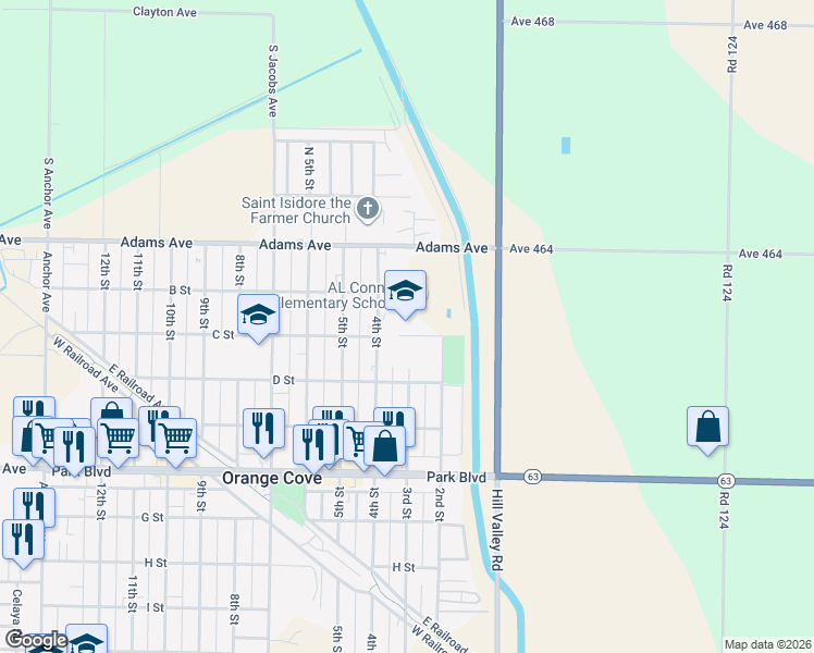 map of restaurants, bars, coffee shops, grocery stores, and more near 222 4th Street in Orange Cove