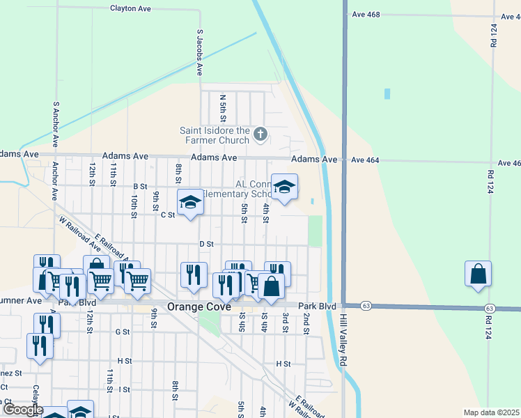 map of restaurants, bars, coffee shops, grocery stores, and more near 333 4th Street in Orange Cove