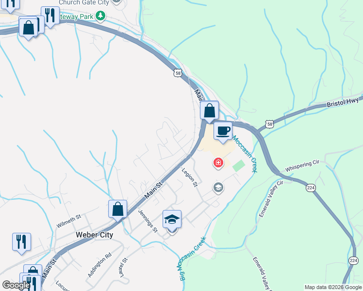 map of restaurants, bars, coffee shops, grocery stores, and more near 212-224 State Route 1122 in Weber City