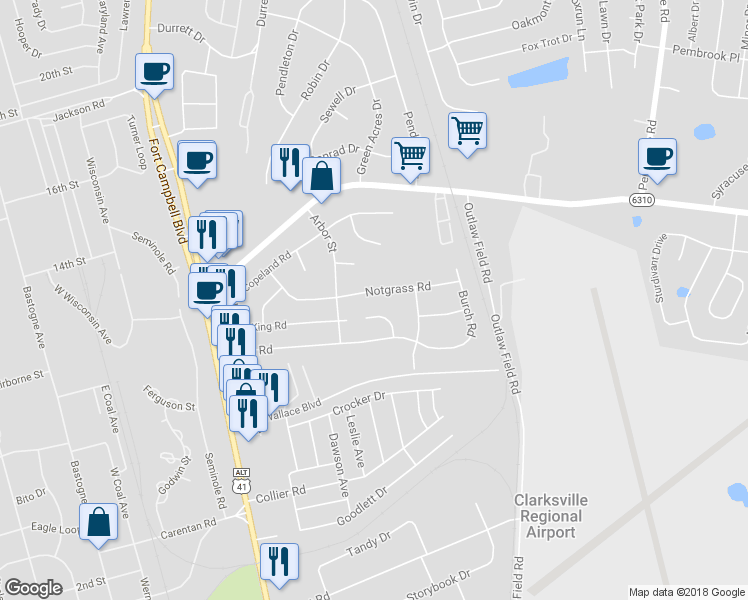 map of restaurants, bars, coffee shops, grocery stores, and more near 308 Notgrass Road in Clarksville