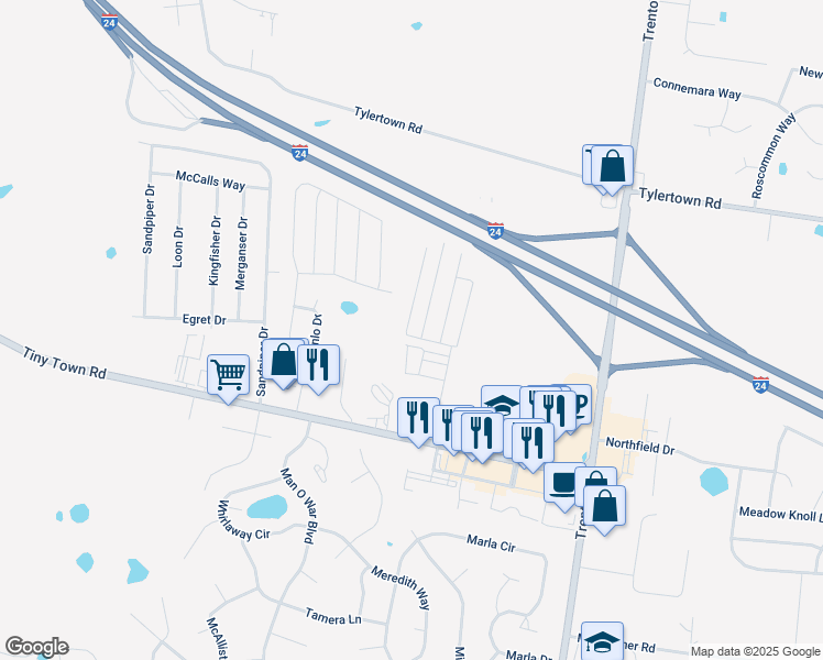 map of restaurants, bars, coffee shops, grocery stores, and more near 900 Dawn Ridge Court in Clarksville