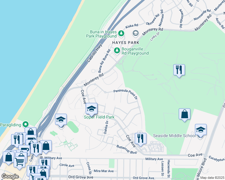 map of restaurants, bars, coffee shops, grocery stores, and more near 4460 Peninsula Point Drive in Seaside