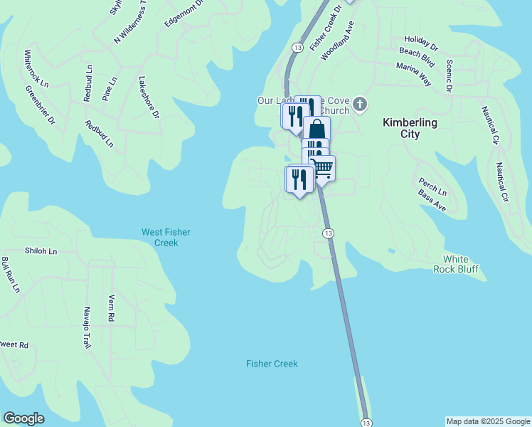 map of restaurants, bars, coffee shops, grocery stores, and more near 109 Port Holiday Drive in Kimberling City