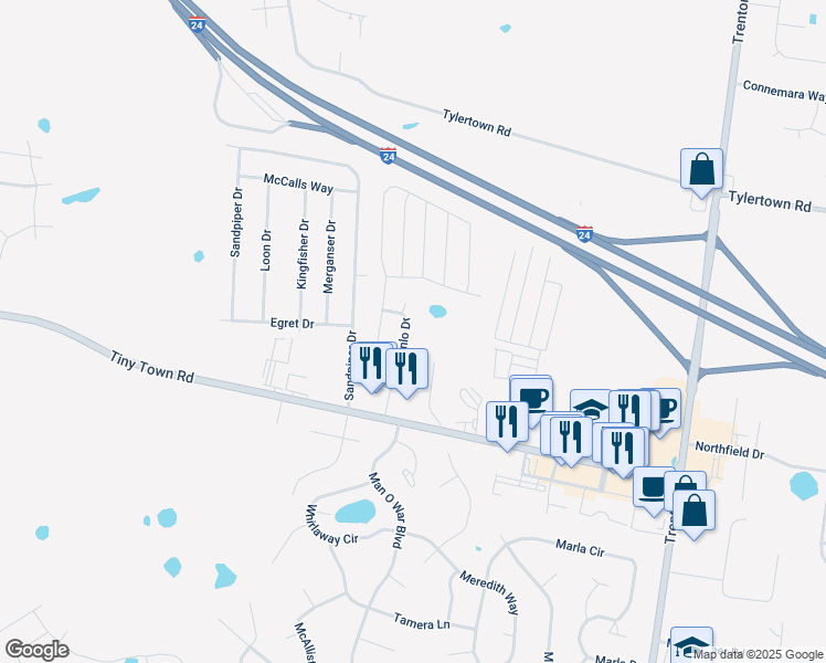 map of restaurants, bars, coffee shops, grocery stores, and more near 3455 Cainlo Drive in Clarksville