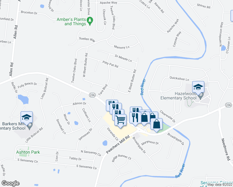 map of restaurants, bars, coffee shops, grocery stores, and more near 1397 East Rhett Butler Road in Clarksville