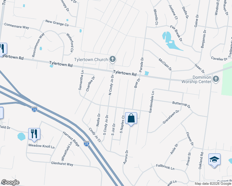 map of restaurants, bars, coffee shops, grocery stores, and more near 3776 North Jot Drive in Clarksville