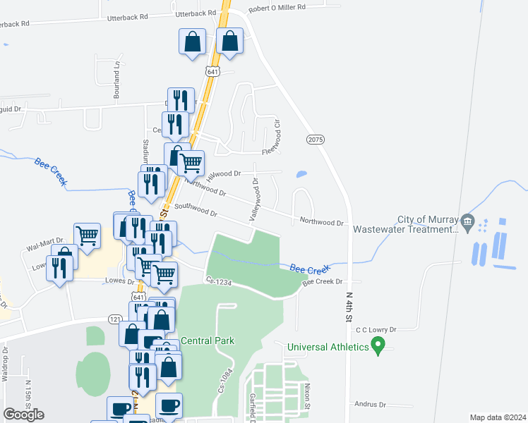 map of restaurants, bars, coffee shops, grocery stores, and more near 1303 Hillwood Drive in Murray
