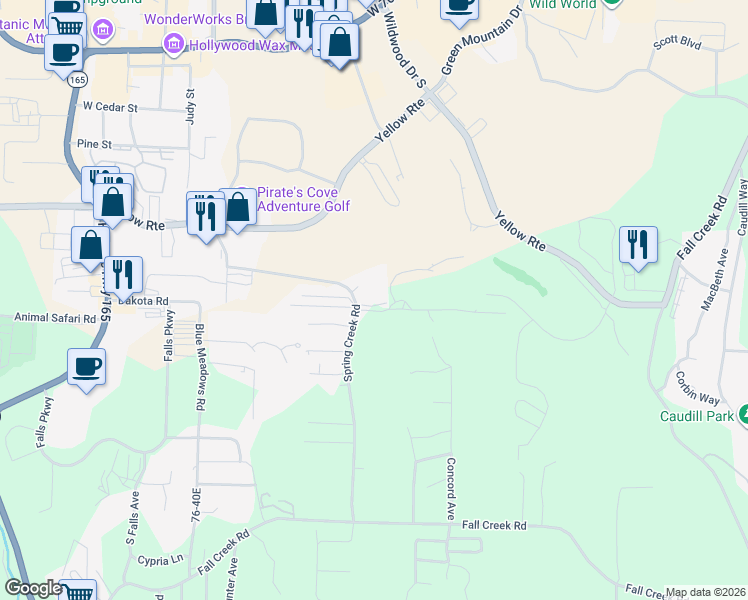 map of restaurants, bars, coffee shops, grocery stores, and more near 120 Spring Creek Court in Branson