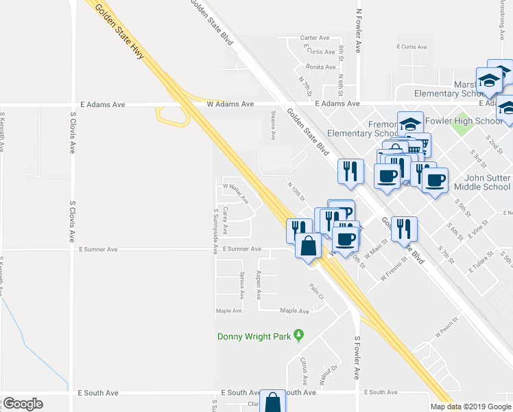 map of restaurants, bars, coffee shops, grocery stores, and more near 1116 West Walter Avenue in Fowler