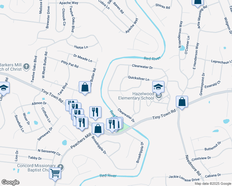 map of restaurants, bars, coffee shops, grocery stores, and more near 2793 Cascade Drive in Clarksville