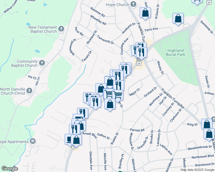 map of restaurants, bars, coffee shops, grocery stores, and more near 128 Nelson Avenue in Danville