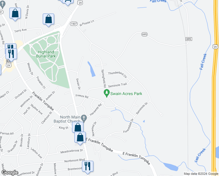 map of restaurants, bars, coffee shops, grocery stores, and more near 270 Seminole Trail in Danville