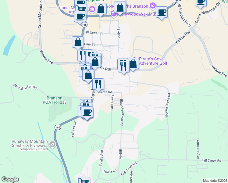 map of restaurants, bars, coffee shops, grocery stores, and more near Harmony Ln in Branson