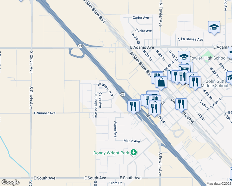 map of restaurants, bars, coffee shops, grocery stores, and more near 1116 West Walter Avenue in Fowler