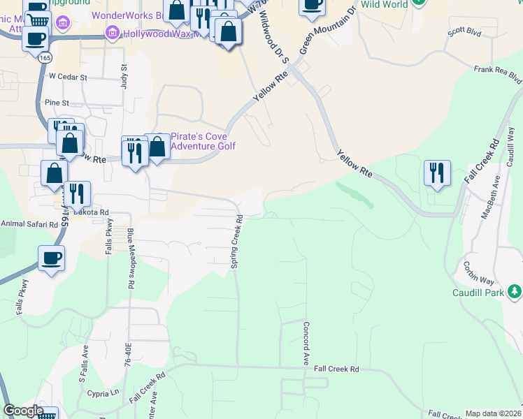 map of restaurants, bars, coffee shops, grocery stores, and more near 120 Spring Creek Court in Branson