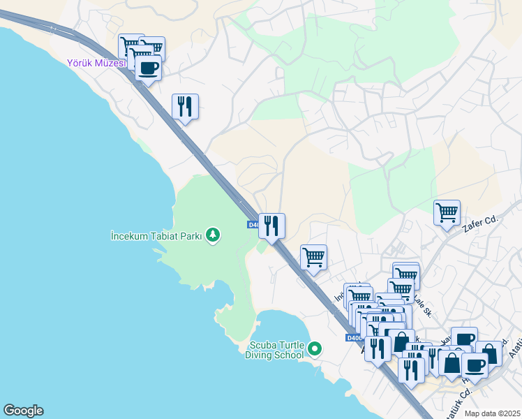 map of restaurants, bars, coffee shops, grocery stores, and more near Stad Caddesi in Alanya