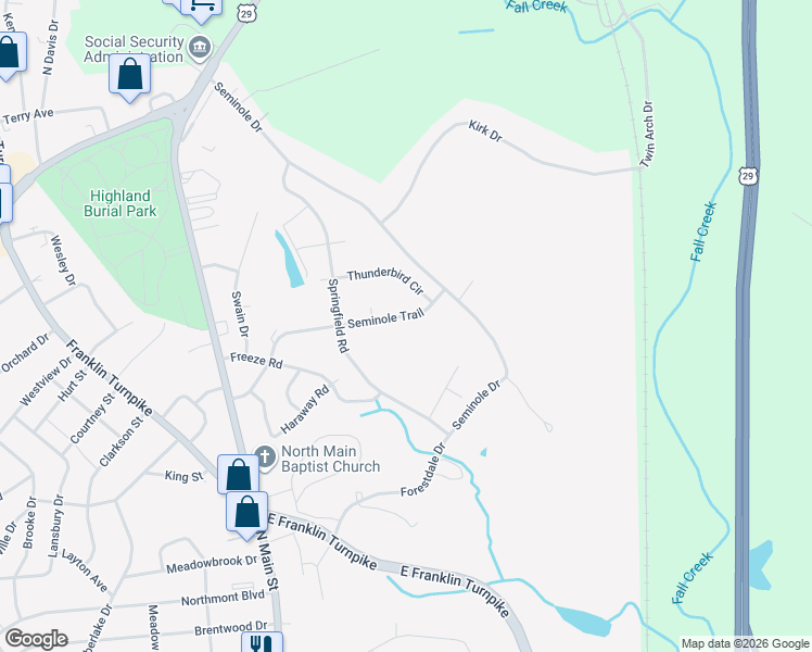 map of restaurants, bars, coffee shops, grocery stores, and more near 335 Seminole Trail in Danville