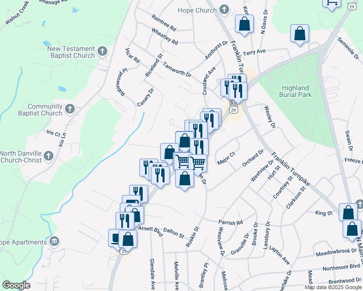 map of restaurants, bars, coffee shops, grocery stores, and more near 128 Nelson Avenue in Danville