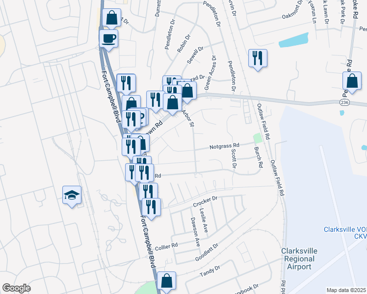 map of restaurants, bars, coffee shops, grocery stores, and more near 2702 West Copeland Court in Clarksville