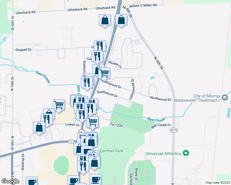 map of restaurants, bars, coffee shops, grocery stores, and more near 1007A Northwood Drive in Murray