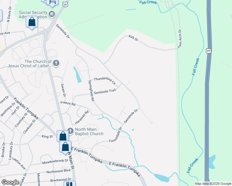 map of restaurants, bars, coffee shops, grocery stores, and more near 394 Seminole Trail in Danville