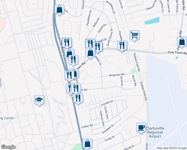 map of restaurants, bars, coffee shops, grocery stores, and more near 2702 West Copeland Court in Clarksville