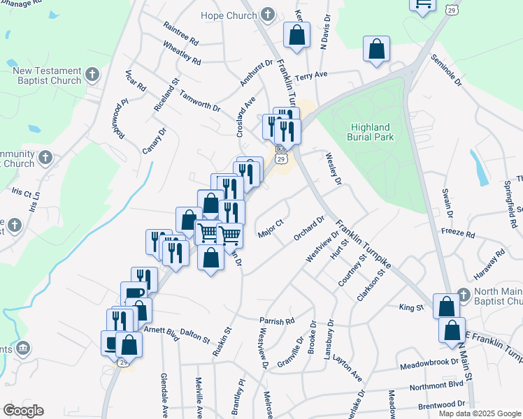 map of restaurants, bars, coffee shops, grocery stores, and more near 230 Major Court in Danville