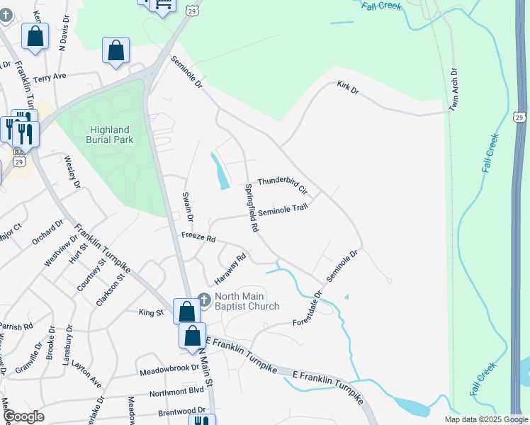 map of restaurants, bars, coffee shops, grocery stores, and more near Seminole Trail in Danville