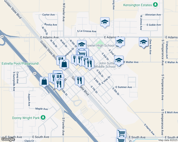 map of restaurants, bars, coffee shops, grocery stores, and more near 210 East Main Street in Fowler