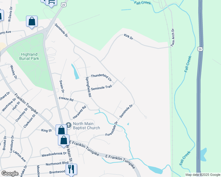 map of restaurants, bars, coffee shops, grocery stores, and more near 356 Seminole Trail in Danville