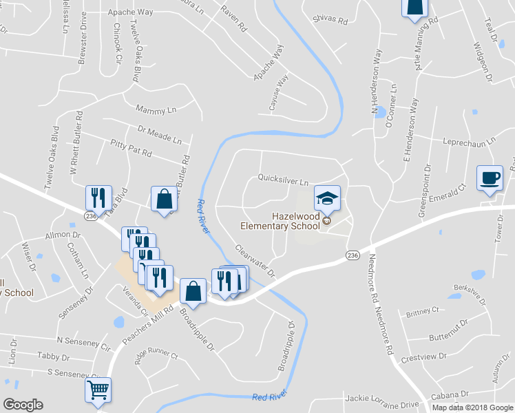 map of restaurants, bars, coffee shops, grocery stores, and more near Cascade Drive in Clarksville