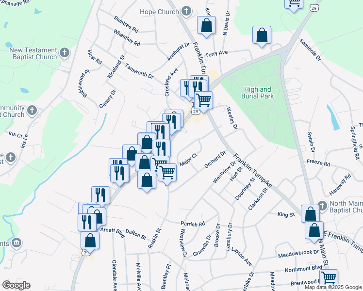 map of restaurants, bars, coffee shops, grocery stores, and more near 230 Major Court in Danville