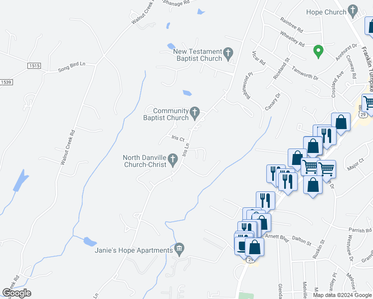 map of restaurants, bars, coffee shops, grocery stores, and more near 563 Iris Lane in Danville