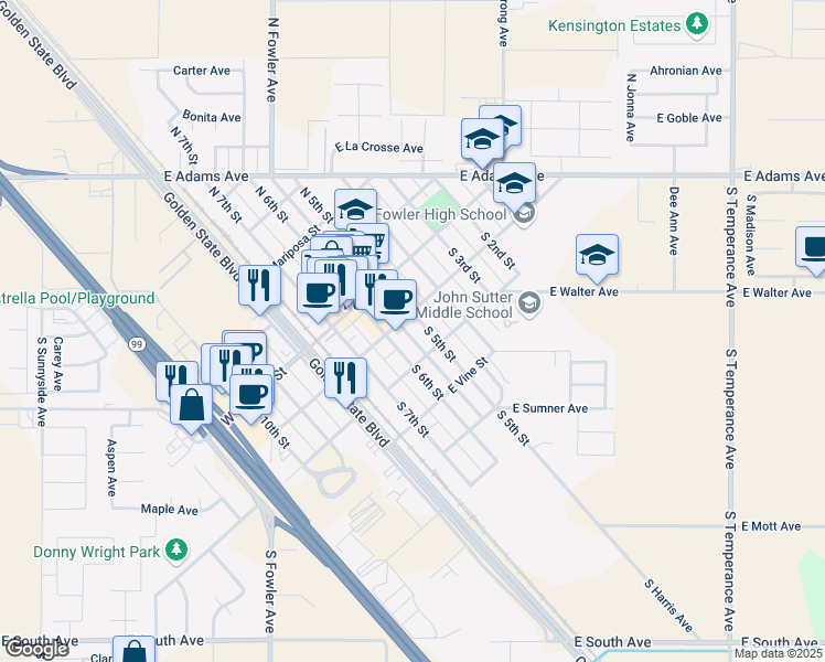 map of restaurants, bars, coffee shops, grocery stores, and more near 210 East Main Street in Fowler