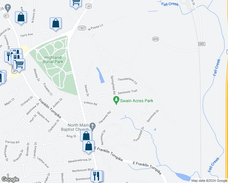map of restaurants, bars, coffee shops, grocery stores, and more near 601 Springfield Road in Danville