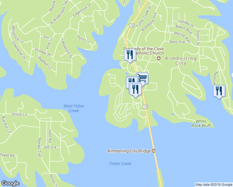 map of restaurants, bars, coffee shops, grocery stores, and more near 109 Port Holiday Drive in Kimberling City