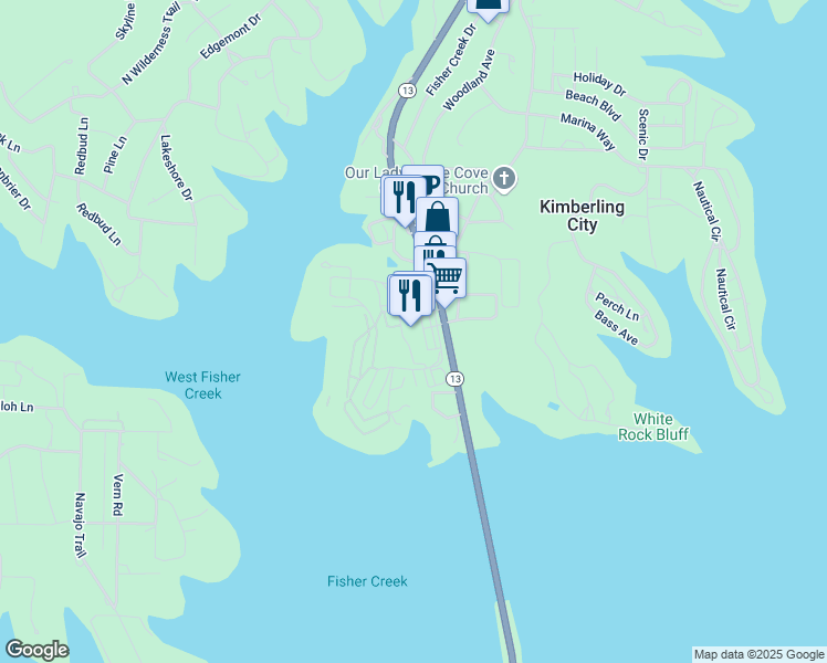 map of restaurants, bars, coffee shops, grocery stores, and more near 247 Anchors Point Lane in Kimberling City