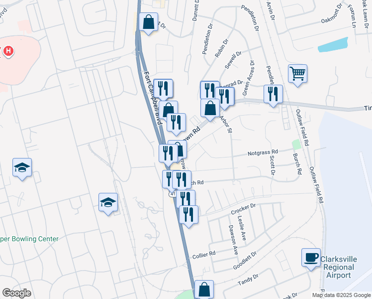map of restaurants, bars, coffee shops, grocery stores, and more near 209 Copeland Road in Clarksville