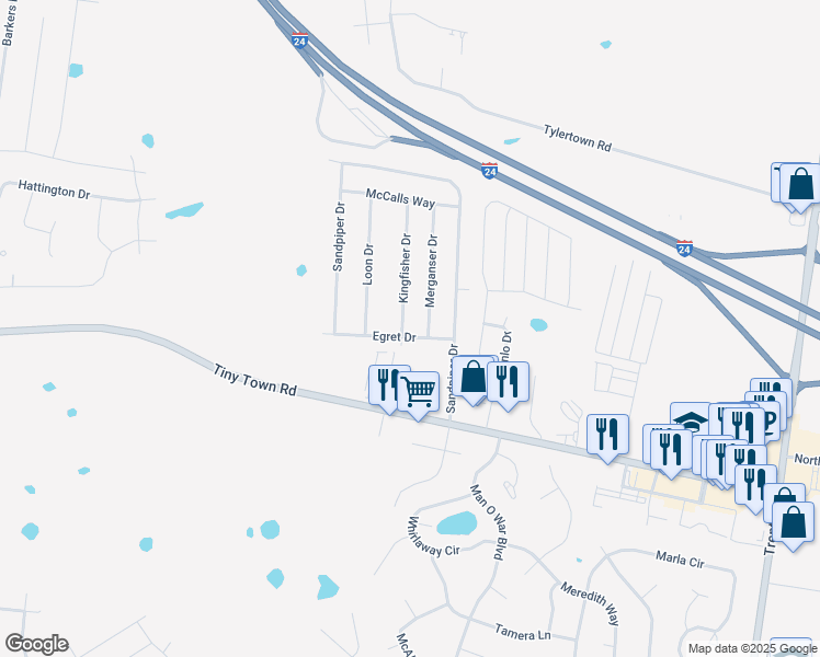 map of restaurants, bars, coffee shops, grocery stores, and more near 2409 Egret Drive in Clarksville
