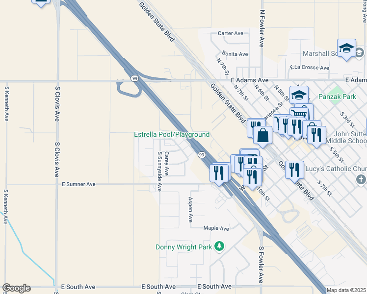 map of restaurants, bars, coffee shops, grocery stores, and more near 1140 West Walter Avenue in Fowler