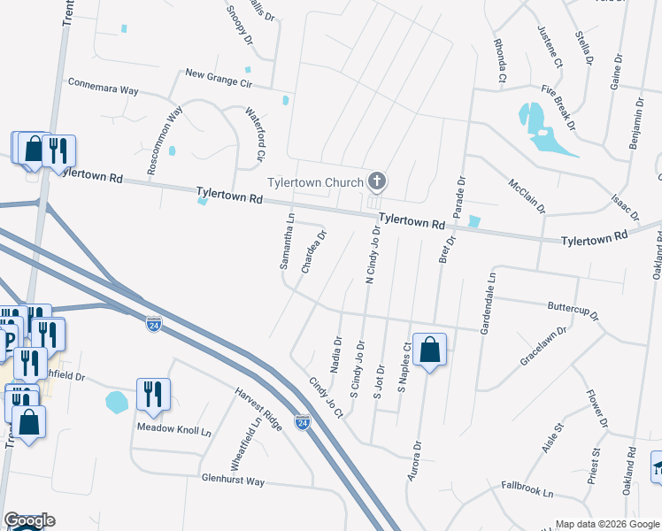 map of restaurants, bars, coffee shops, grocery stores, and more near 1048 Cindy Jo Court in Clarksville