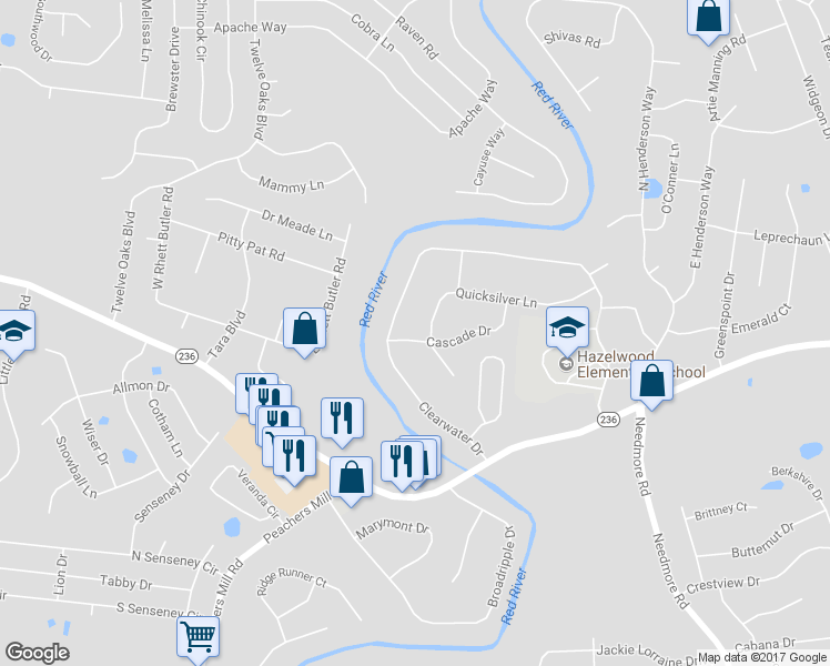 map of restaurants, bars, coffee shops, grocery stores, and more near 2793 Cascade Drive in Clarksville